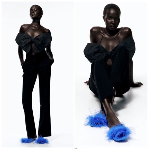 Zara Electric Blue Goat Leather Feather Sandals - Picture 2 of 9